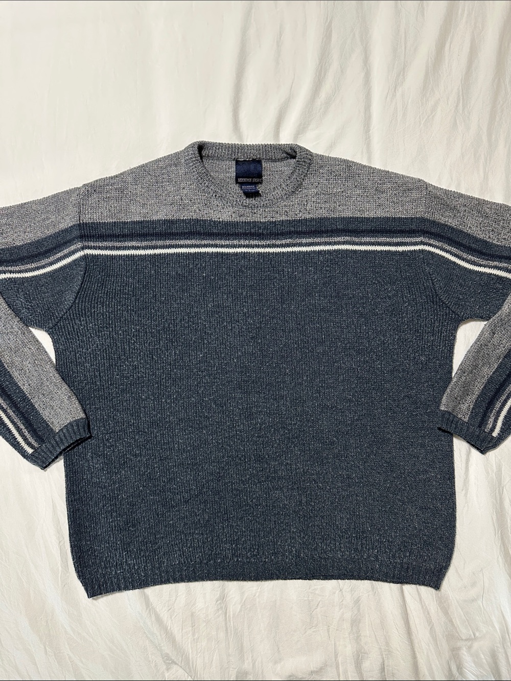 Vintage Y2K Xtreme Gear Striped Knit Sweater Men's Large Gray Blue Crewneck Cozy